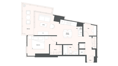 Floor plan for 1 bed, 1 bath, 675 sqft